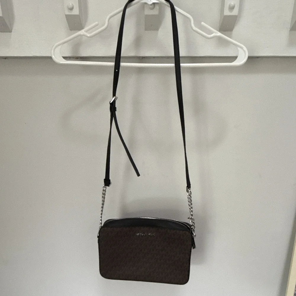 Michael Kors Brown Logo Crossbody Bag Zip, Chain Strap, Adjustable, Silver